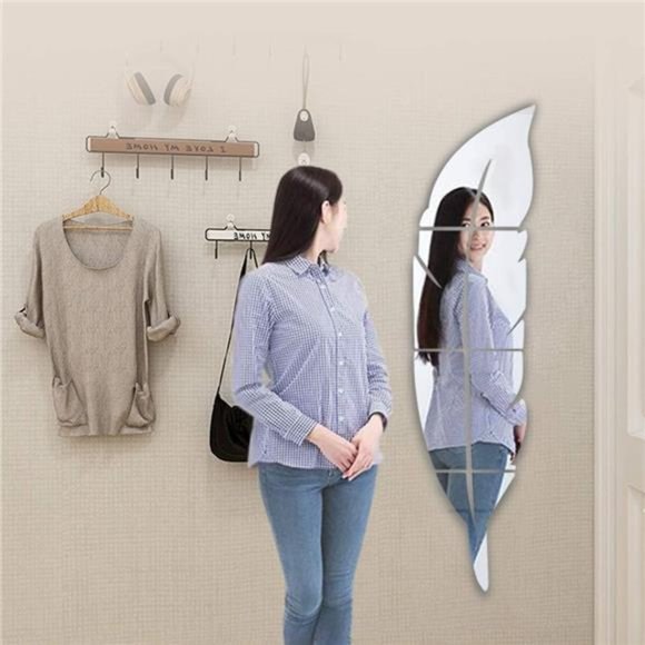 3D Acrylic Mirror Wall Decor Stickers, 11.8x49.2 Inches Feather Shaped Set DIY - Picture 3 of 6